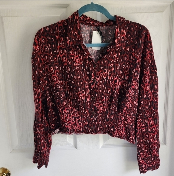 Zara TRF Collection Cropped Blouse Red Leopard Print Size Large - Picture 7 of 7